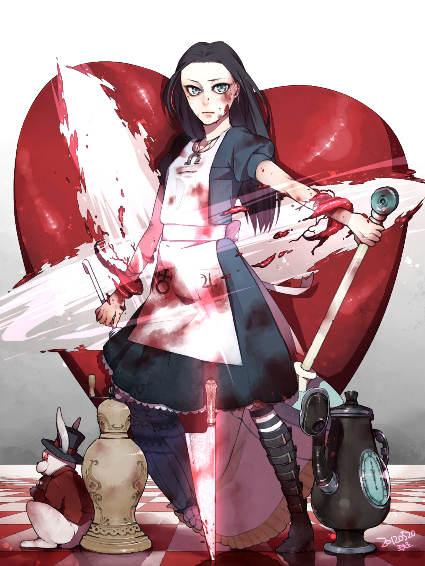 1girl alice:_madness_returns alice_(wonderland) alice_in_wonderland american_mcgee's_alice apron black_hair blood boots bunny closed_mouth cro328 dress green_eyes highres jewelry knife long_hair looking_at_viewer necklace pantyhose solo striped striped_legwear teapot