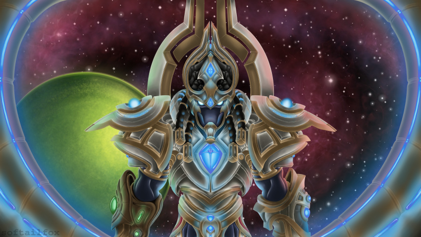 aiur alien armor artanis blizzard_entertainment blue_lights hi_res humanoid nebula planet protoss science_fiction softailfox solo space spacecraft star starcraft starcraft_(franchise) vehicle video_games