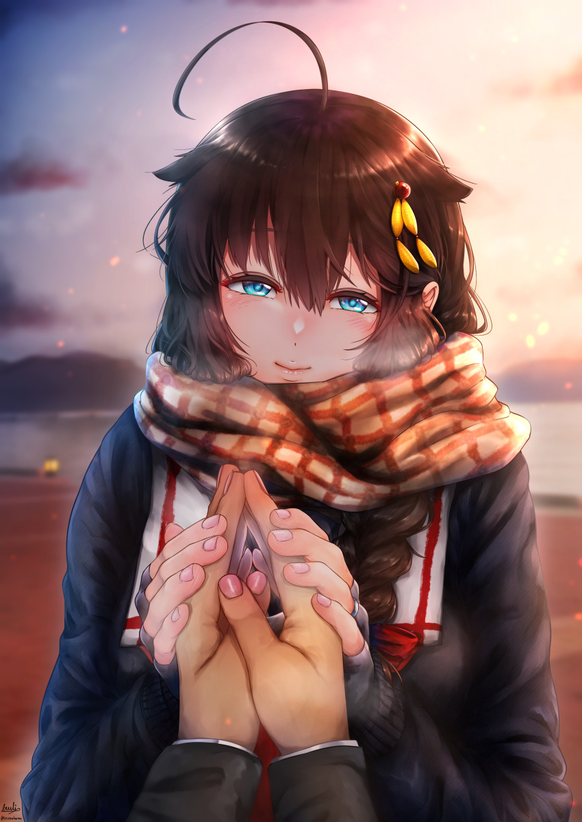 1boy 1girl absurdres adapted_costume ahoge blue_eyes braid brown_hair hair_flaps hair_ornament hair_over_shoulder highres kantai_collection long_sleeves looking_at_viewer male_hand plaid plaid_scarf pov scarf shigure_(kancolle) shigure_kai_ni_(kancolle) single_braid smile solo_focus tsui_(kojiya)