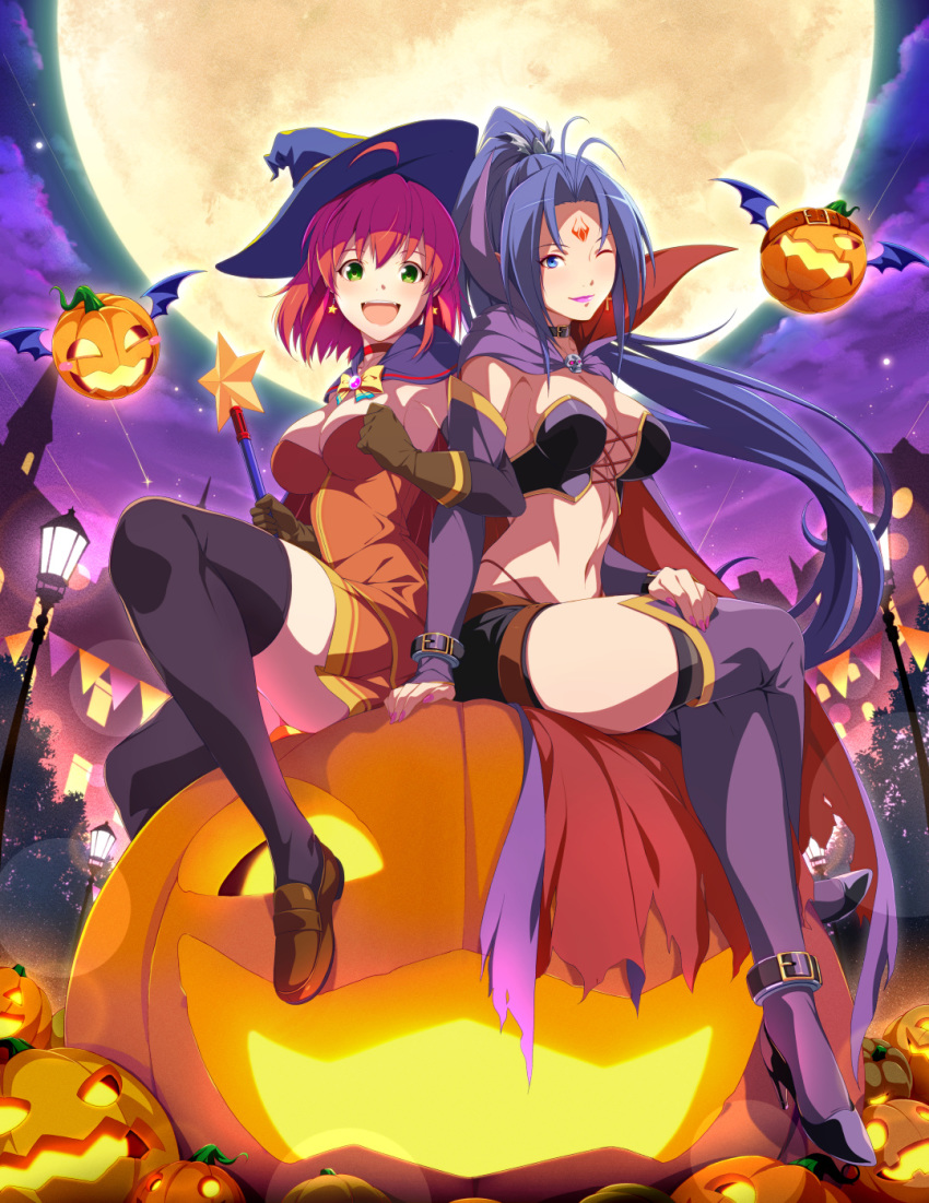 2girls alice_wishheart bangs bat_wings black_choker black_footwear black_gloves black_legwear black_panties black_shorts blue_eyes blue_hair bow breasts bridal_gauntlets brown_footwear brown_gloves building cape choker closed_mouth cloud cloudy_sky crop_top crossed_legs dress earrings elbow_gloves facial_mark forehead_mark full_moon gloves green_hair hair_ornament halloween hat high_heels highleg highleg_panties highres holding holding_wand jack-o'-lantern jewelry lamppost large_breasts layered_gloves lens_flare lipstick loafers locked_arms long_hair looking_at_viewer magical_halloween makeup medium_breasts moon multiple_girls nail_polish night night_sky open_mouth oversized_object panties parted_bangs ponytail purple_cape purple_legwear purple_lipstick purple_nails purple_sky qwel_08 red_cape red_choker red_dress red_hair rosemary_bergamot shoes shooting_star short_dress short_shorts shorts sitting sky smile star_(sky) star_(symbol) star_earrings starry_sky strapless strapless_dress tattered_cape thighhighs two-sided_cape two-sided_fabric underwear very_long_hair wand wings witch_hat yellow_bow