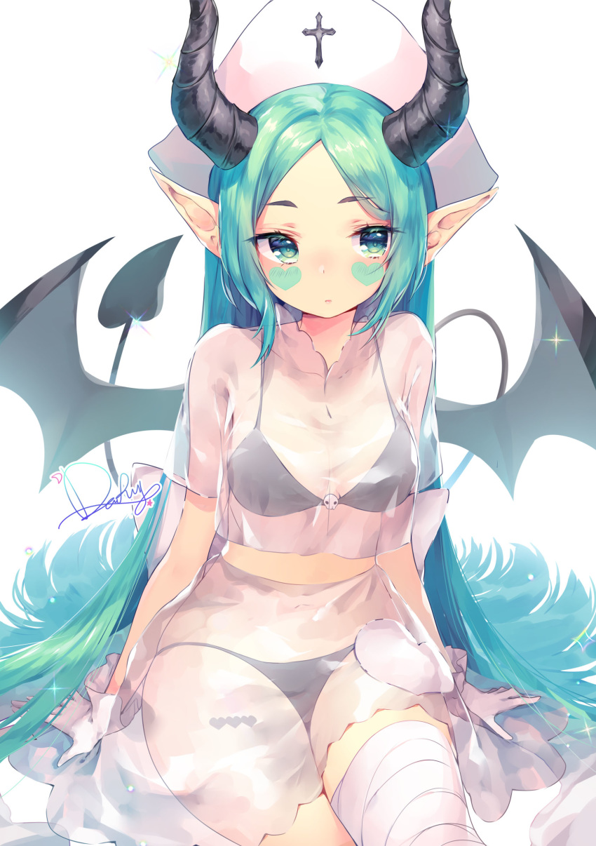 1girl absurdres arms_at_sides artist_name bandaged_leg bandages bangs bat_wings bikini black_bikini black_wings blush breasts cleavage closed_mouth collarbone demon_girl demon_horns demon_tail demon_wings eyebrows_visible_through_hair eyelashes facial_mark facial_tattoo gloves green_eyes green_hair heart heart_tattoo highres horns leg_tattoo long_hair looking_away navel nurse odaefnyo original parted_bangs pointy_ears sidelocks sitting small_breasts solo sparkle spread_wings stomach succubus swimsuit tail tattoo very_long_hair white_background white_gloves white_headwear wings