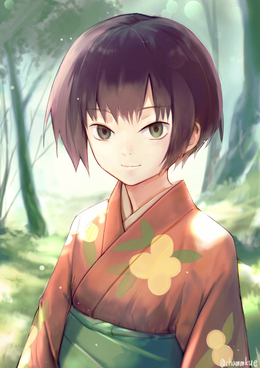 1girl absurdres chamu_(chammkue) closed_mouth day empty_eyes eyebrows_visible_through_hair floral_print grass green_eyes highres huge_filesize japanese_clothes kimono light_particles looking_at_viewer mushishi obi outdoors pink_kimono purple_hair renzu_(mushishi) sash short_hair smile solo tree twitter_username upper_body