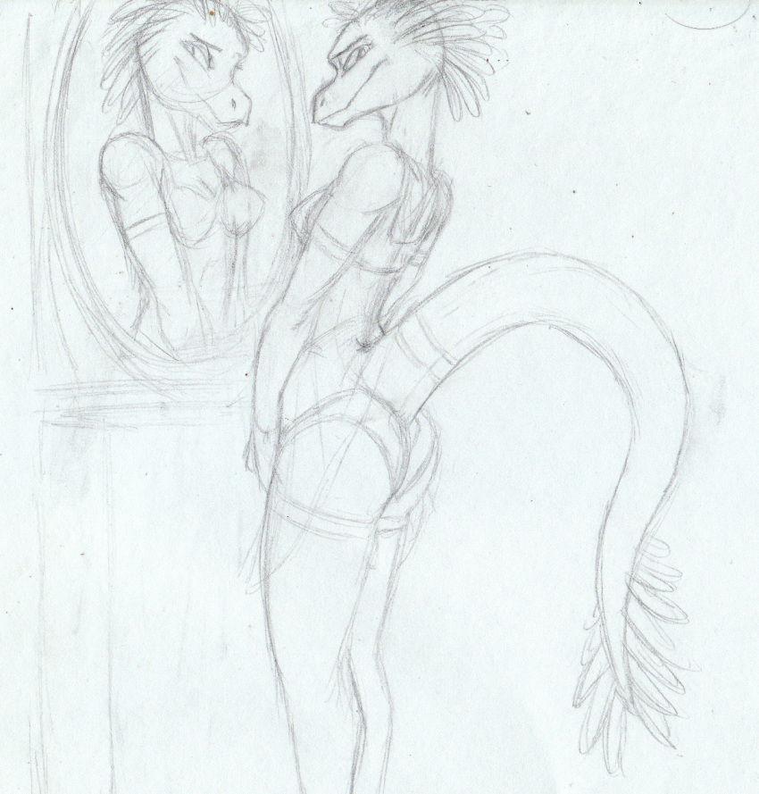 anthro butt clothed clothing dinosaur dromaeosaurid feathered_dinosaur feathers female hi_res looking_at_viewer lordflawn mirror paper reflection reptile scalie sketch slim solo theropod traditional_media_(artwork)
