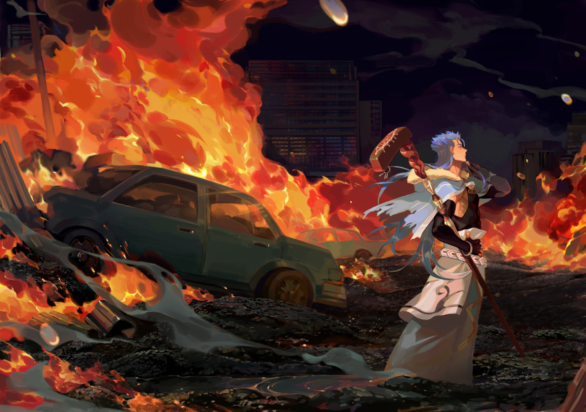 1boy belt blue_hair bracelet building capelet car closed_mouth cloud cu_chulainn_(fate)_(all) cu_chulainn_(fate/grand_order) elbow_gloves embers fate/grand_order fate_(series) fingerless_gloves fire floating_hair from_side full_body fur-trimmed_hood fur_trim gloves ground_vehicle hand_on_hip hood hood_down hooded_capelet jewelry long_hair male_focus motor_vehicle muscle night night_sky outdoors red_eyes ruins skin_tight sky solo spiked_hair staff tank_top taro-k type-moon wooden_staff