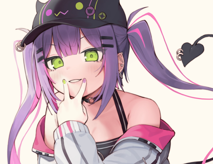 1girl baseball_cap beige_background bibi_(tokoyami_towa) breasts choker cleavage demon_tail earrings fingers_to_mouth green_eyes green_nails grin hair_ornament hairclip hand_up hat hololive hoop_earrings jewelry lips looking_at_viewer multicolored multicolored_nails nail_polish o-ring o-ring_choker off-shoulder_jacket parted_lips purple_hair purple_nails seramikku sidelocks simple_background small_breasts smile solo spaghetti_strap stud_earrings tail tail_piercing tokoyami_towa tsurime twintails upper_body