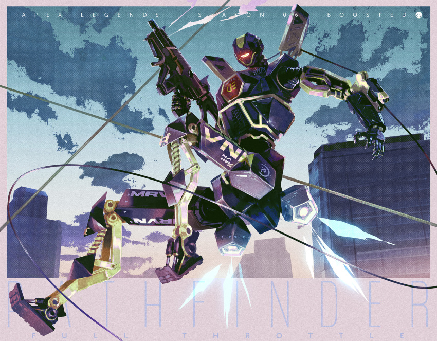 apex_legends copyright_name glowing gun highres holding holding_gun holding_weapon humanoid_robot jumping looking_down no_humans open_hand pathfinder_(apex_legends) robot solo visor weapon yutori_(clockwork_chicken)