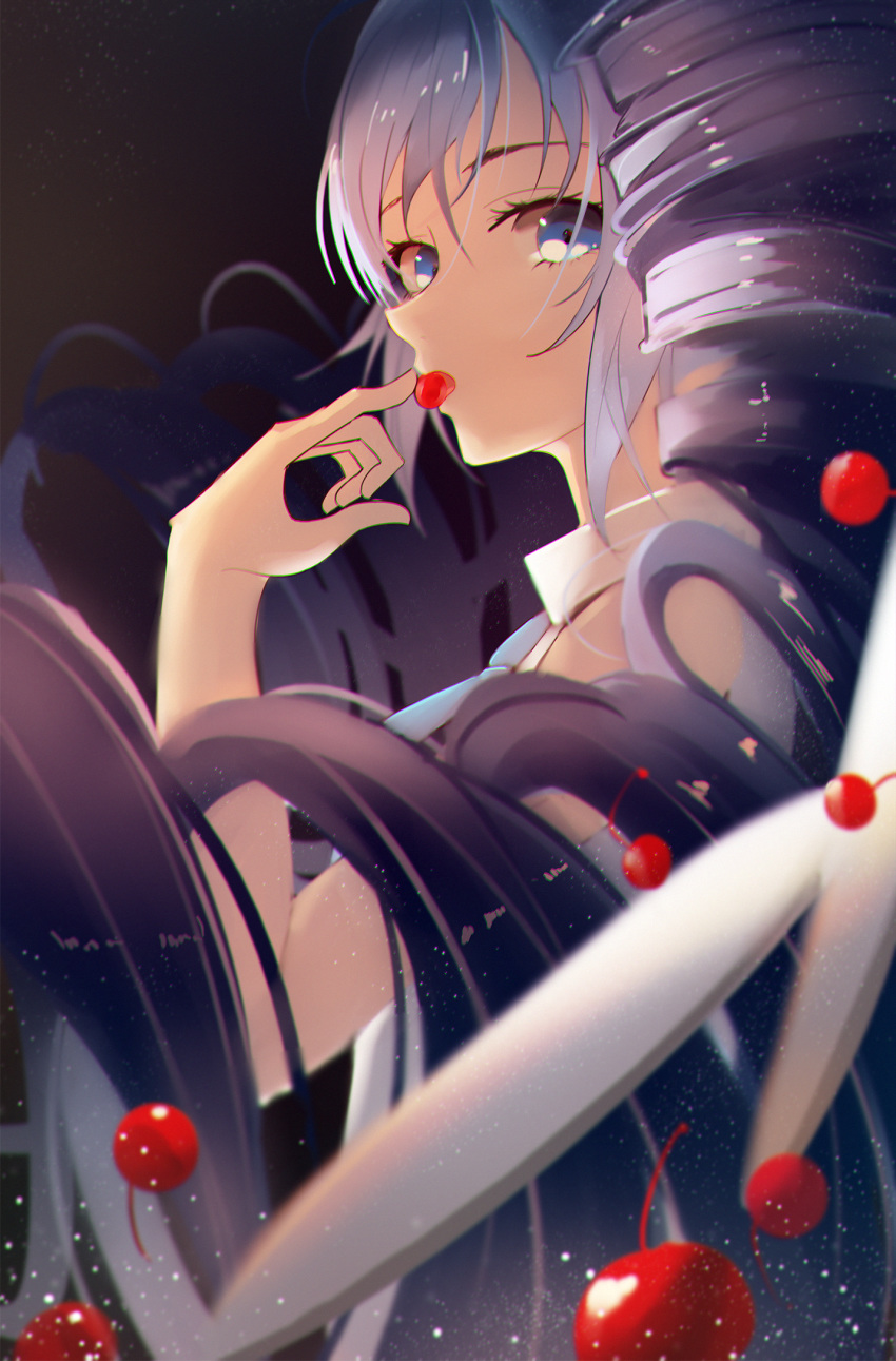 1girl blue_eyes blue_hair cherry chinese_commentary close-up drill_hair food food_in_mouth fruit hatsune_miku highres jijing_zishui looking_at_viewer solo twintails vocaloid