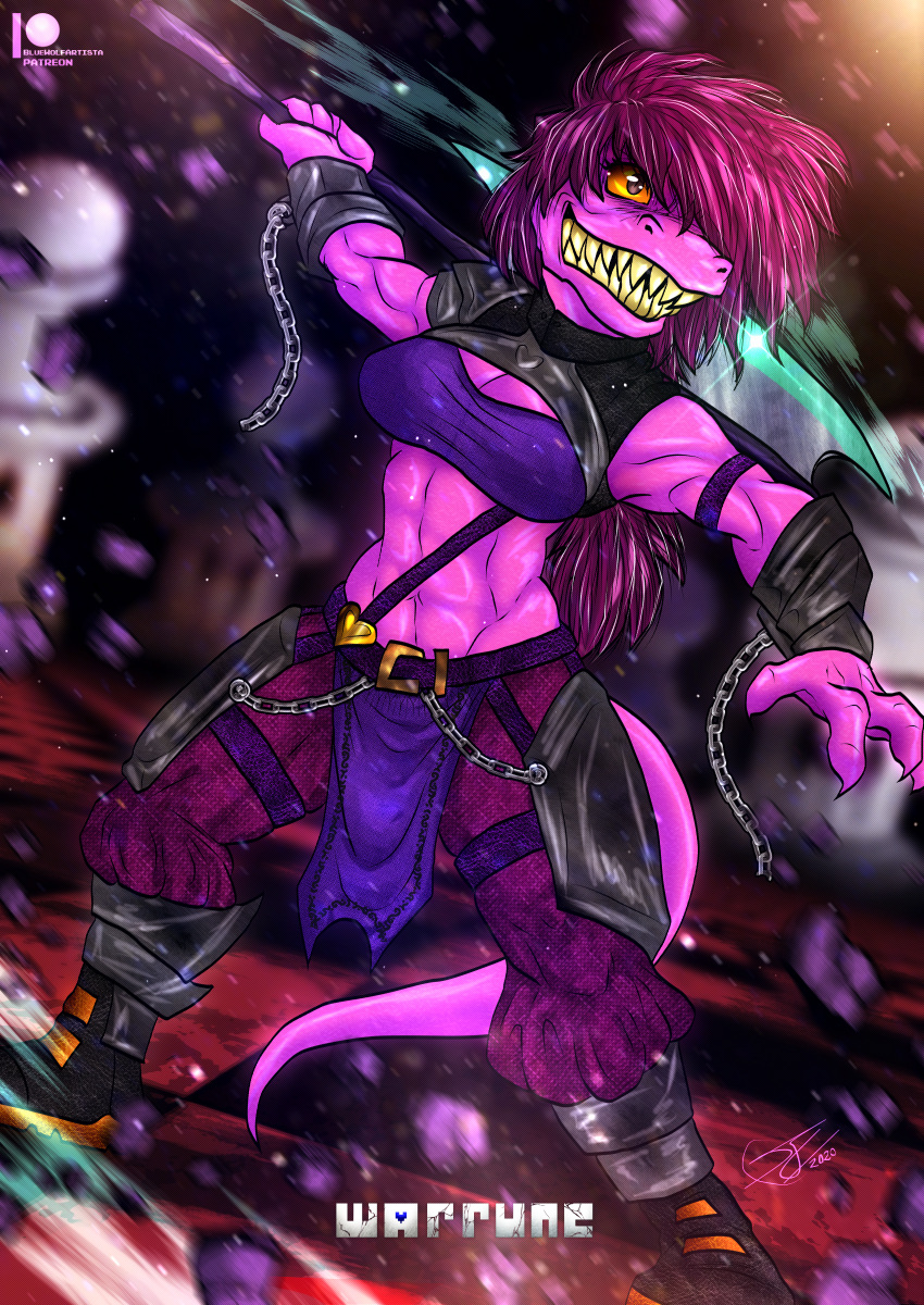 abs absurd_res alternate_universe anthro axe barbarian bluewolfartista clothed clothing deltarune fantasy female fully_clothed hair hair_over_eye hi_res melee_weapon muscular one_eye_obstructed pink_body pink_hair reptile scalie solo susie_(deltarune) undertale video_games weapon yellow_eyes yellow_teeth
