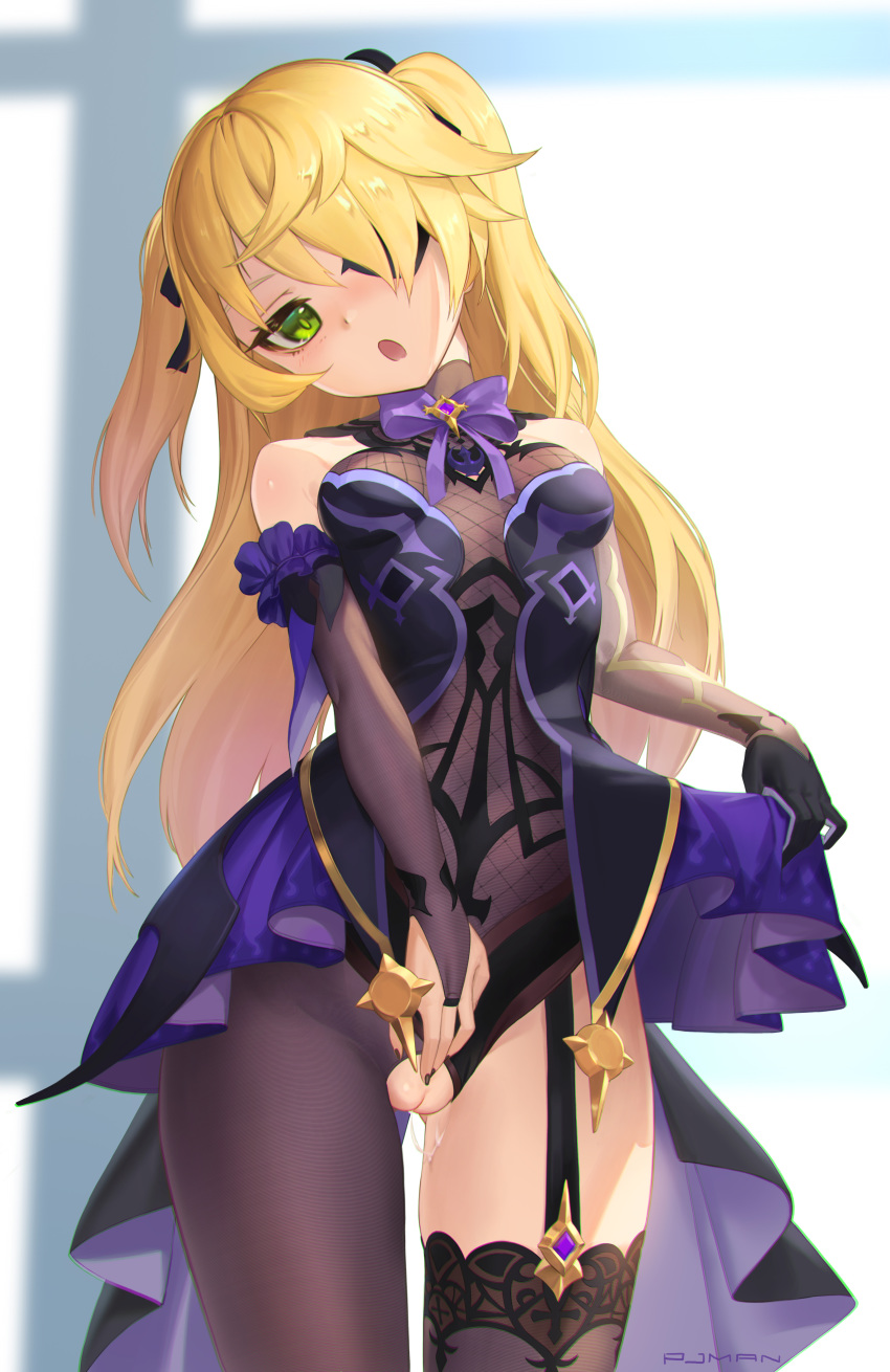 1girl absurdres bangs bare_shoulders blonde_hair blush bodystocking bow breasts chuunibyou eyepatch fischl_(genshin_impact) garter_straps genshin_impact gloves green_eyes hair_over_one_eye head_tilt highres long_hair looking_at_viewer pjman purple_bow purple_neckwear pussy pussy_juice single_glove single_leg_pantyhose single_thighhigh small_breasts solo thighhighs thighs torn_clothes torn_legwear two_side_up