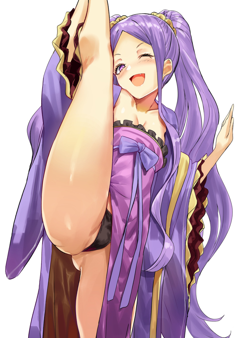 ;d ass_visible_through_thighs bare_legs black_panties blush bow breasts cleavage collarbone dress fang fate/grand_order fate_(series) forehead frilled_dress frills highres leg_up long_hair long_sleeves looking_at_viewer nose_blush one_eye_closed open_clothes open_mouth panties pooor purple_bow purple_dress purple_eyes purple_hair simple_background small_breasts smile split standing standing_on_one_leg standing_split strapless strapless_dress thighs twintails underwear upskirt very_long_hair white_background wide_sleeves wu_zetian_(fate/grand_order)