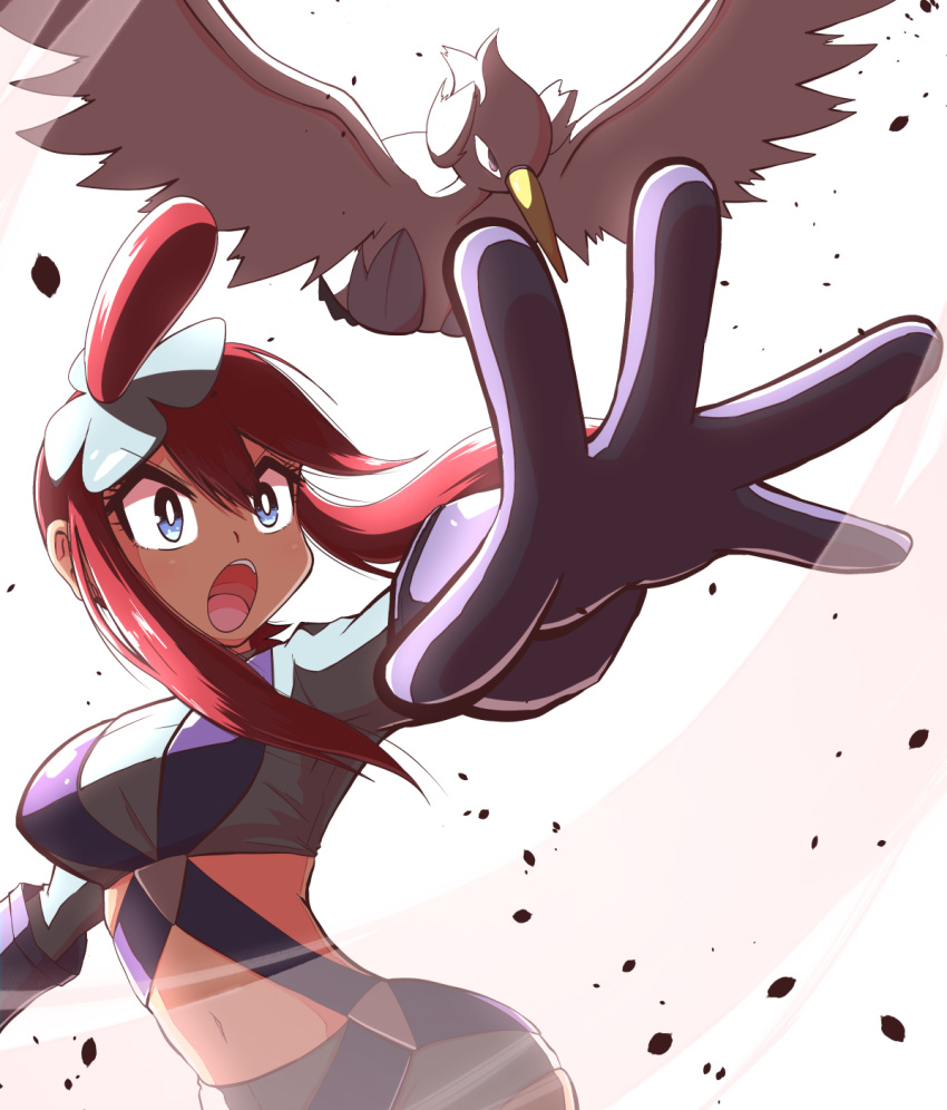 1girl bangs blue_eyes commentary_request crop_top eyelashes floating_hair gen_5_pokemon gloves gym_leader hair_between_eyes hair_ornament highres kurachi_mizuki navel open_mouth pokemon pokemon_(creature) pokemon_(game) pokemon_bw purple_gloves red_hair shorts sidelocks skyla_(pokemon) swanna teeth tongue