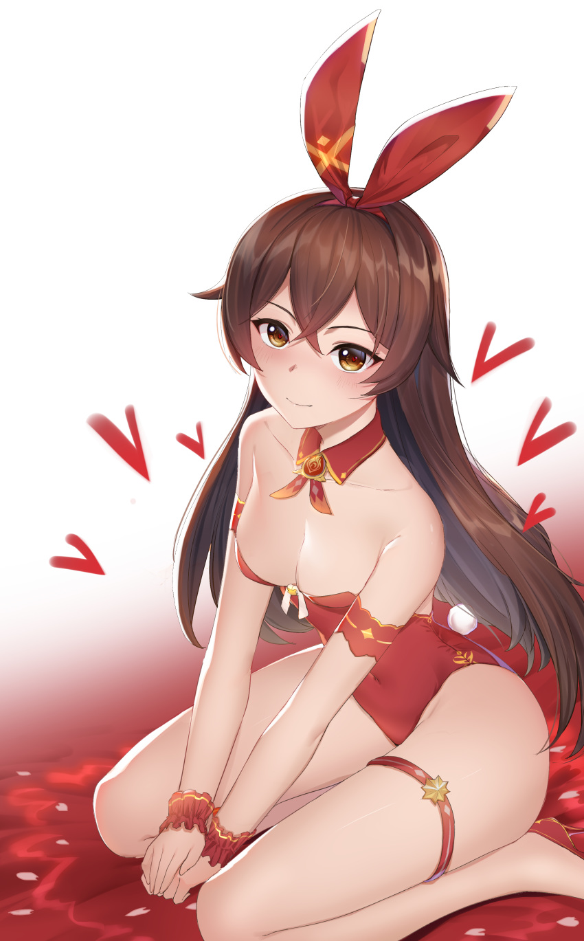 1girl absurdres amber_(genshin_impact) bangs blush breasts brown_eyes brown_hair bunny_tail chinese_commentary cleavage closed_mouth commentary_request covered_navel crossed_bangs detached_collar genshin_impact hair_ribbon highres leotard long_hair looking_at_viewer medium_breasts playboy_bunny red_leotard red_ribbon ribbon sitting smile strapless strapless_leotard tail wariza wrist_cuffs
