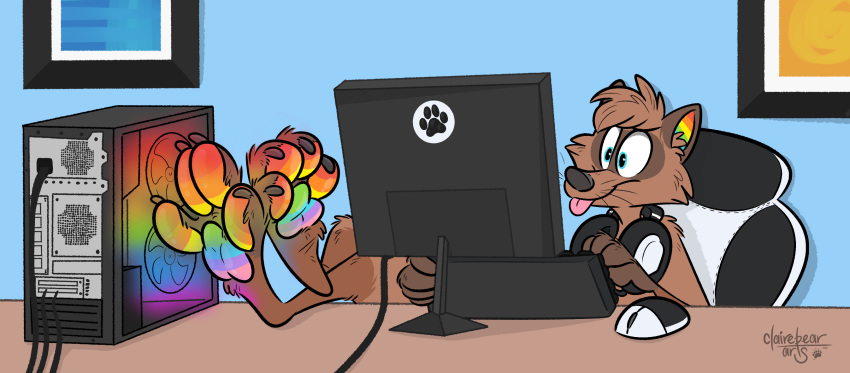 4_toes anthro black_eyebrows black_nose blue_eyes brown_body brown_fur chair claws computer dakotasoftpaw eyebrows feet_up fur furniture hair headphones hi_res holding_object keyboard_(computer) legs_up lgbt_pride male mammal markings multicolored_body multicolored_markings office_chair paintings pawpads paws pride_colors procyonid raccoon rainbow_markings sitting solo strawbear toes tongue tongue_out whiskers