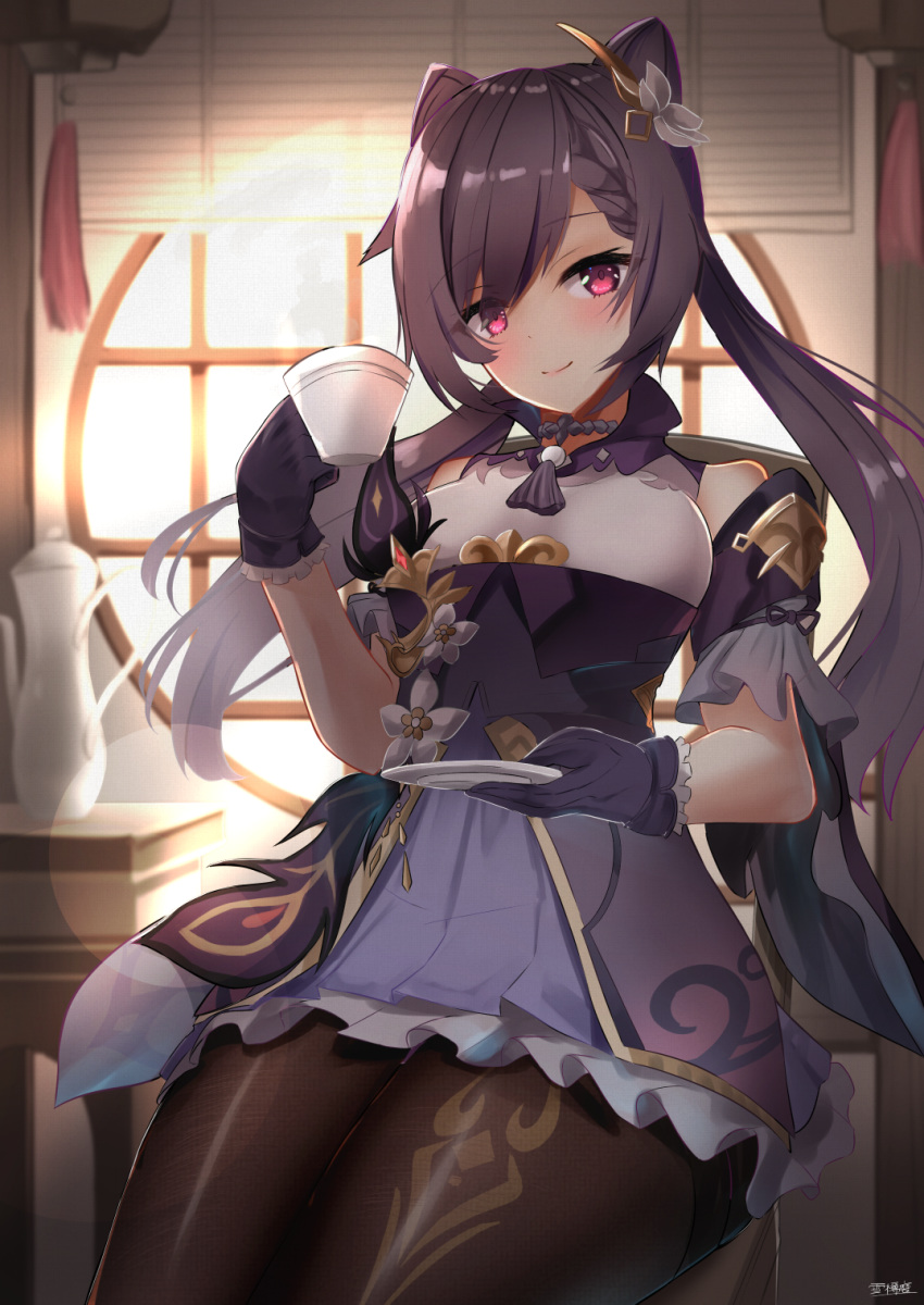 1girl bare_shoulders breasts choker cup detached_sleeves double_bun dress frilled_dress frilled_skirt frills genshin_impact gloves hair_ornament half-closed_eyes highres indoors keqing long_sleeves plate purple_eyes purple_hair skirt smile solo tea teacup teapot twintails wide_sleeves window yukidaruma718