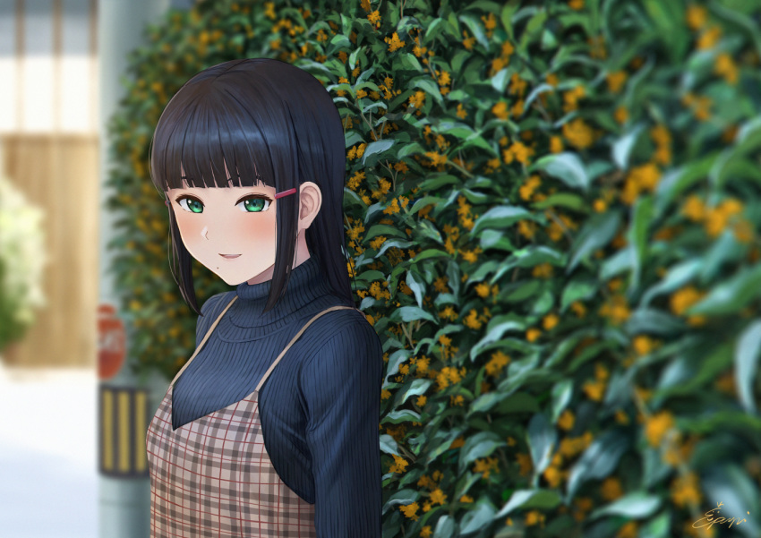 1girl :d alternate_costume bangs black_hair black_sweater blunt_bangs blurry blurry_background blurry_foreground blush brown_dress casual commentary_request day depth_of_field dress green_eyes hair_ornament hairclip hedge_(plant) kurosawa_dia long_hair looking_away looking_down love_live! love_live!_sunshine!! mole mole_under_mouth open_mouth outdoors papi_(papiron100) pinafore_dress plaid plaid_dress signature smile solo sweater upper_body