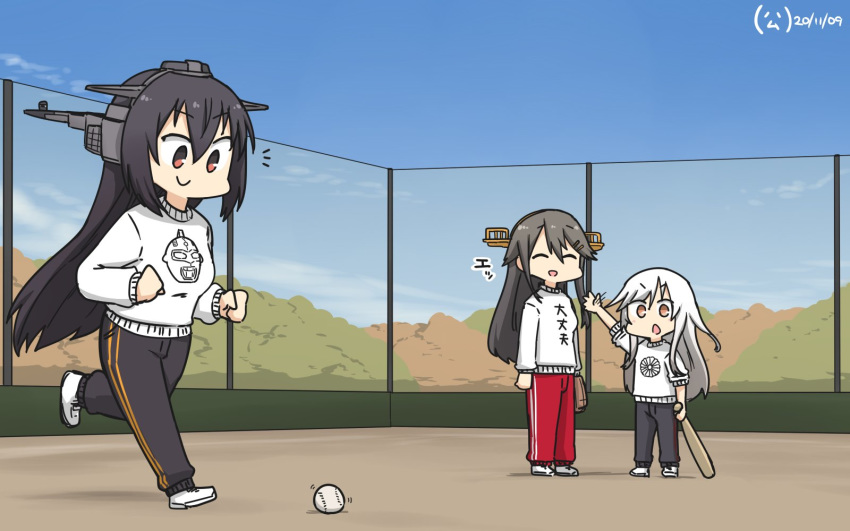 3girls alternate_costume baseball baseball_bat black_hair black_pants blue_sky closed_eyes clothes_writing cloud commentary_request dated day fence full_body hamu_koutarou haruna_(kantai_collection) headgear highres kantai_collection kikuzuki_(kantai_collection) long_hair multiple_girls nagato_(kantai_collection) open_mouth orange_eyes outdoors pants red_eyes red_pants running sky sweater track_pants ultra_seven ultra_seven_(series) white_hair white_sweater