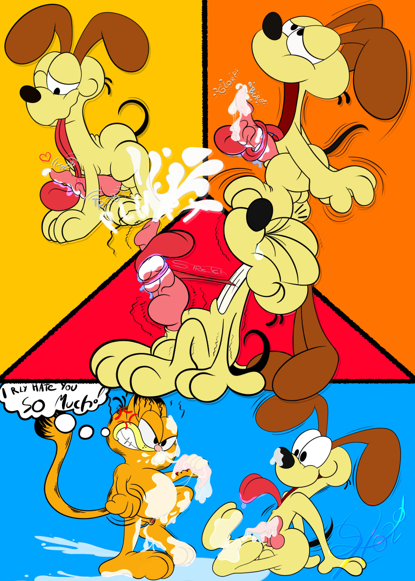 absurd_res bodily_fluids canid canine canis cum domestic_cat domestic_dog felid feline felis feral garfield_(series) garfield_the_cat genital_fluids hi_res licking lobofeo looking_pleasured male male/male mammal masturbation odie_(garfield) pain self_lick sucking tongue tongue_out