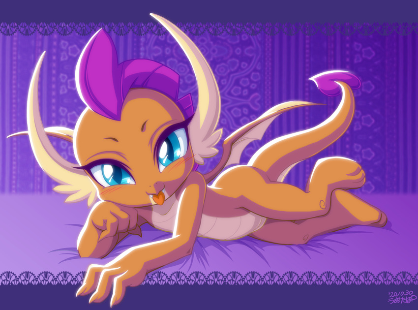 3_toes 4_fingers alpha_channel blue_eyes claws cute_fangs dragon draw_me_like_one_of_your_french_girls eyebrows eyelashes fangs female fingers friendship_is_magic hair hasbro horn looking_at_viewer lying meme my_little_pony orange_body pupils purple_hair reptile scalie simple_background slit_pupils smolder_(mlp) solo spikes toes tongue tongue_out transparent_background uotapo wings young