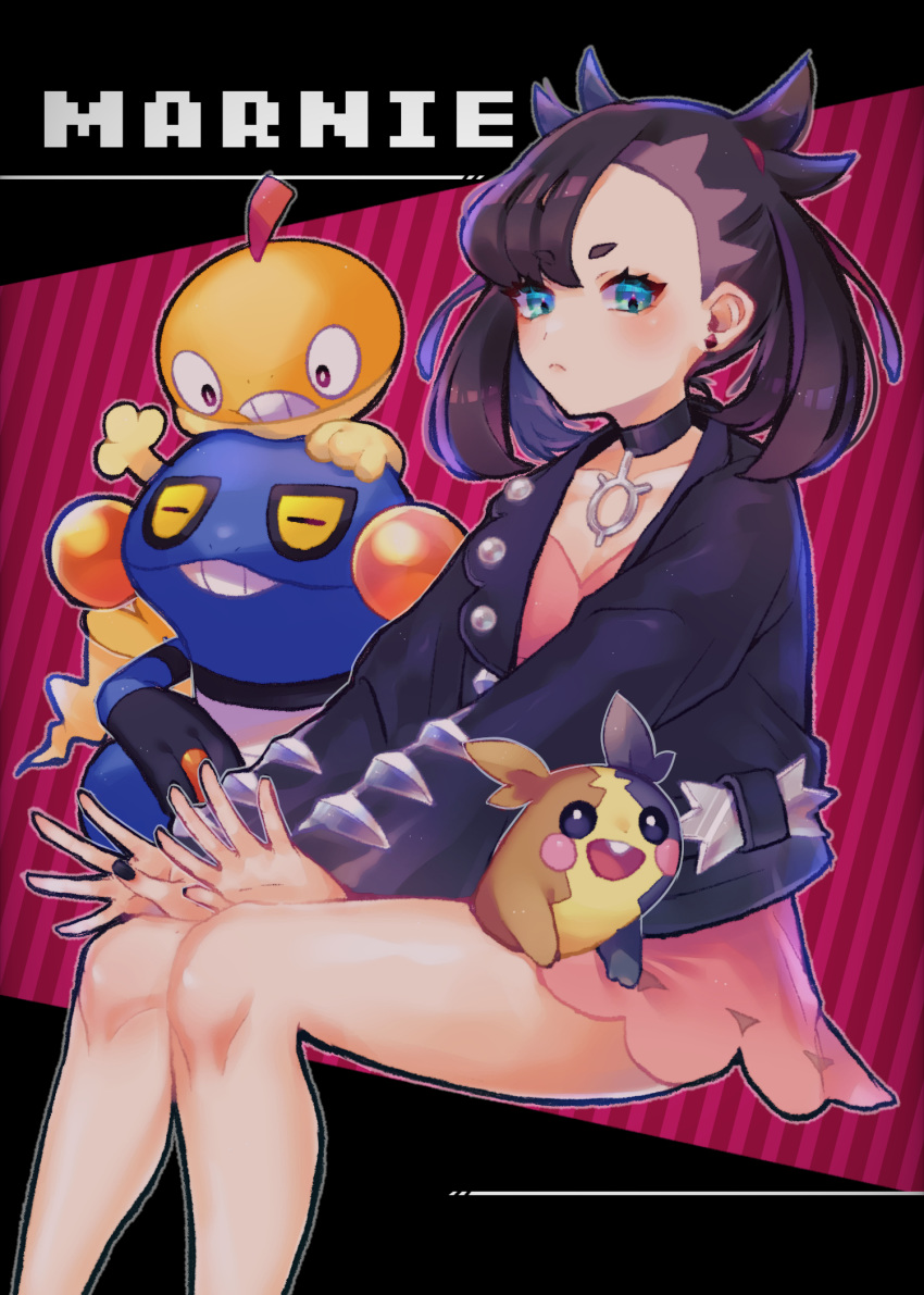 1girl aqua_eyes asymmetrical_bangs bangs black_choker black_hair black_jacket black_nails blush character_name choker closed_mouth collarbone commentary croagunk dress earrings eyelashes gen_4_pokemon gen_5_pokemon gen_8_pokemon hair_ribbon highres jacket jewelry knees light_frown long_sleeves maigo_(user_xkwr8585) marnie_(pokemon) morpeko morpeko_(full) nail_polish pink_dress pokemon pokemon_(game) pokemon_swsh ribbon scraggy