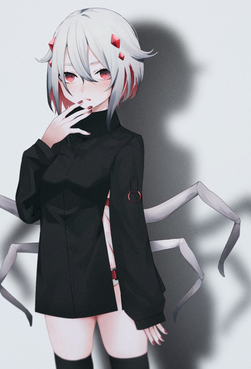 1girl :p black_jacket black_legwear blush closed_mouth colored_inner_hair hair_between_eyes hand_up highres insect_girl jacket long_sleeves looking_at_viewer migihidari_(puwako) multicolored_hair original red_eyes red_hair solo spider_girl spider_legs standing thighhighs tongue tongue_out two-tone_hair white_hair