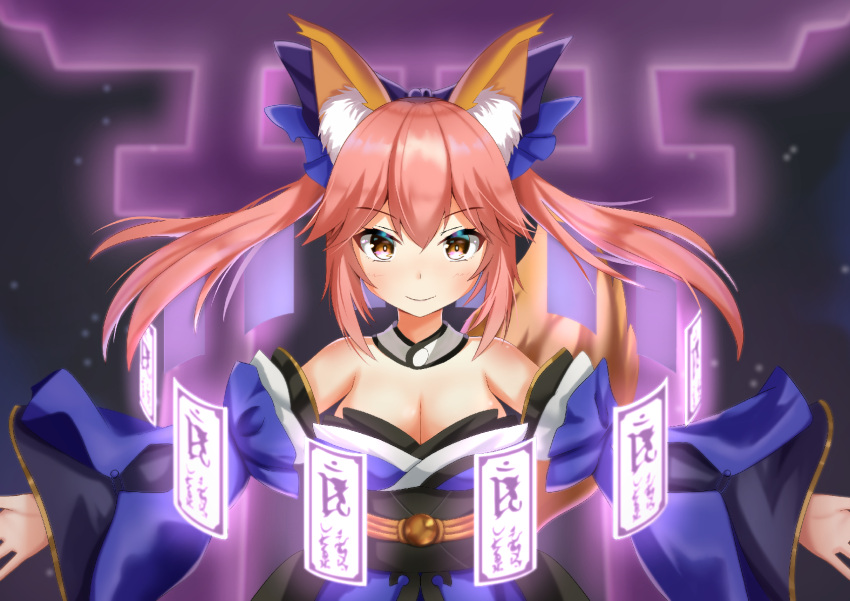 1girl animal_ear_fluff animal_ears bare_shoulders blue_kimono blue_ribbon breasts cleavage closed_mouth detached_sleeves eyebrows_visible_through_hair fate/extella fate/extra fate/extra_ccc fate/grand_order fate_(series) fox_ears fox_girl fox_tail hair_ribbon highres japanese_clothes kimono large_breasts looking_at_viewer pink_hair ribbon solo tail tamamo_(fate)_(all) tamamo_no_mae_(fate) tishi yellow_eyes