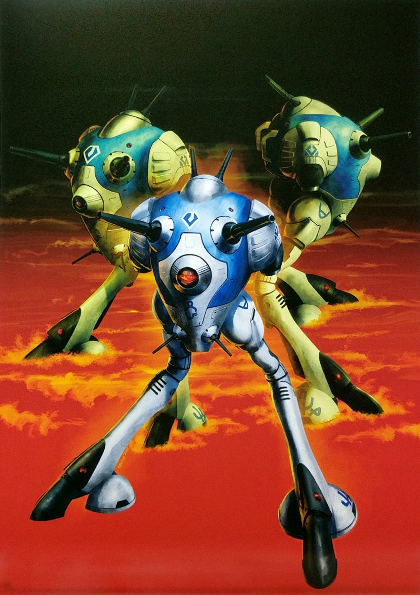 alien choujikuu_yousai_macross cyclops desert dust emblem energy_cannon esbeliben fighting_stance fleet highres insignia macross mars_(planet) mecha official_art one-eyed promotional_art realistic red_eyes regult roundel scan science_fiction sensor side-by-side tenjin_hidetaka thrusters traditional_media turret visor walker zentlardy_alphabet zentradi