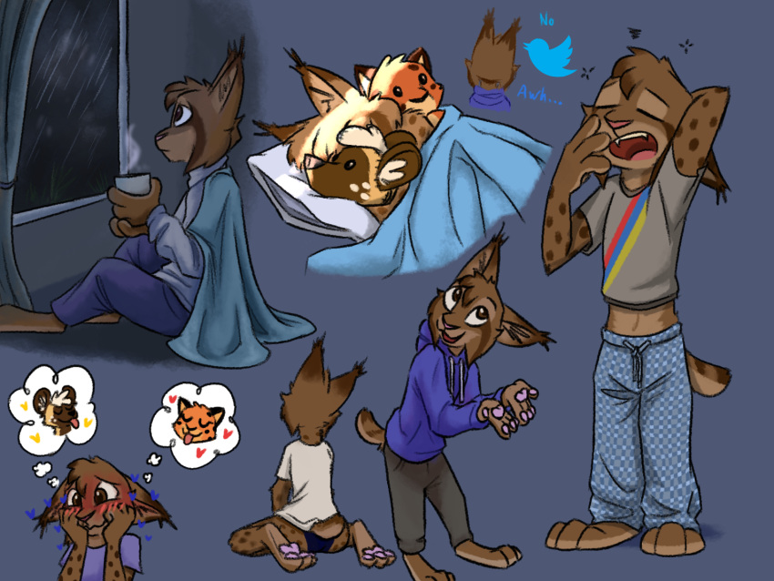 2020 4:3 african_wild_dog anthro barefoot blush brown_body brown_fur brown_spots canid canine cheek_tuft cheetah clothed clothing cup ear_tuft facial_tuft felid feline fully_clothed fur head_tuft hi_res holding_cup holding_object lynx male mammal marc_(theblueberrycarrots) midriff milo_(juantriforce) open_mouth open_smile pawpads plushie shirt simple_background sitting smile spots spotted_body spotted_fur stephie_(fraydia1) t-shirt theblueberrycarrots thought_bubble topwear tuft window yawn