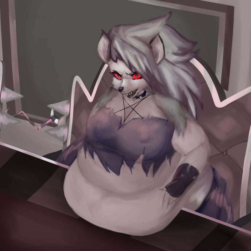 1:1 anthro belly big_belly big_breasts breasts canid canid_demon canine chair chalkboard clothing collar curvy_figure demon desk female fur furniture grey_hair hair hand_on_stomach harness hellhound helluva_boss hi_res looking_at_viewer loona_(vivzmind) mammal monster morbidly_obese morbidly_obese_anthro morbidly_obese_female nipple_outline obese obese_anthro obese_female overweight overweight_anthro overweight_female pentagram pentagram_harness red_eyes sharp_teeth solo spiked_collar spikes teeth topwear tsuchiinokocoin voluptuous white_body white_fur