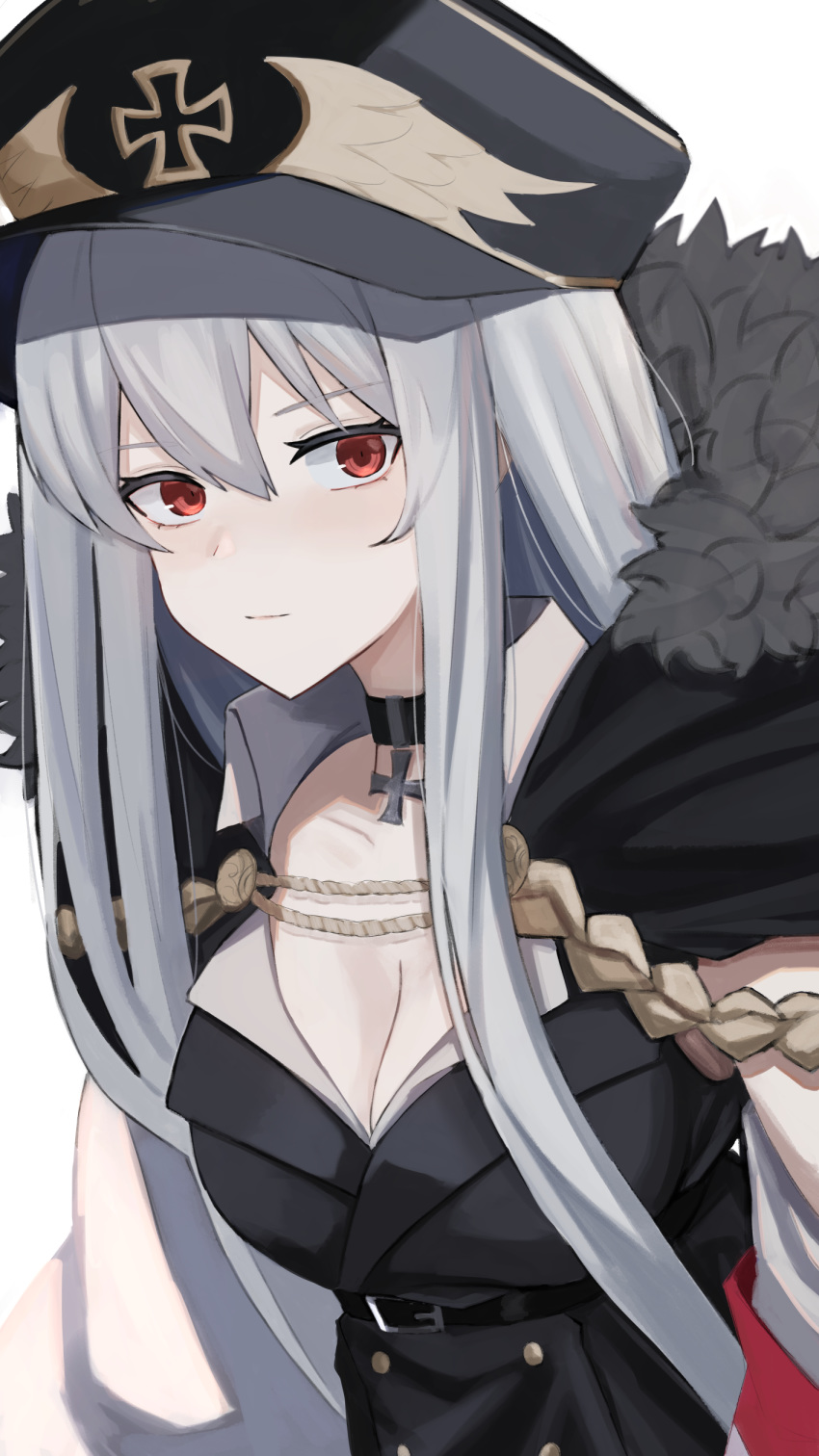 1girl a_iri_a absurdres black_choker blush breasts choker cleavage closed_mouth cross cross_choker cross_necklace eyebrows_visible_through_hair fur-trimmed_jacket fur_collar fur_trim girls_frontline hat highres jacket jewelry kar98k_(girls_frontline) long_hair looking_at_viewer medium_breasts military military_hat military_uniform necklace red_eyes silver_hair solo uniform white_background