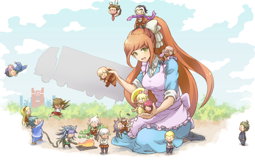 6+boys 6+girls apron backpack bag bangs black_hair black_skirt blonde_hair blue_sky brown_hair can chef_hat chibi cloud commentary_request danganronpa danganronpa_3 dress everyone fairy_(jintai) fire flamethrower green_eyes grey_hair ground_vehicle hanamura_teruteru hand_up hat hinata_hajime holding_another jinrui_wa_suitai_shimashita kappougi komaeda_nagito kuzuryuu_fuyuhiko long_hair mioda_ibuki motor_vehicle multiple_boys multiple_girls nakahara_mai nanami_chiaki nidai_nekomaru open_mouth owari_akane pekoyama_peko ponytail saionji_hiyoko scarf seiyuu_connection sitting skirt sky smile soda_can sonia_nevermind souda_kazuichi tanaka_gandamu togami_byakuya_(super_danganronpa_2) track_suit truck tsumiki_mikan weapon youko-shima yukizome_chisa