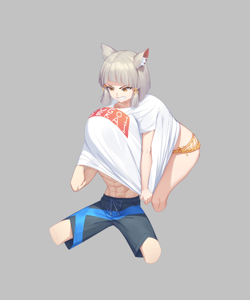 1boy 1girl abs absurdres animal_ear_fluff animal_ears bangs bikini bikini_bottom blunt_bangs cat_ears clothes_writing cropped_legs finaru-dorim grey_background grin highres male_swimwear nia_(xenoblade) rex_(xenoblade) romaji_text shirt shirt_over_head short_hair silver_hair simple_background smile sugoi_dekai swim_trunks swimsuit swimwear t-shirt uzaki-chan_wa_asobitai! white_shirt xenoblade_chronicles_(series) xenoblade_chronicles_2 yellow_bikini yellow_eyes