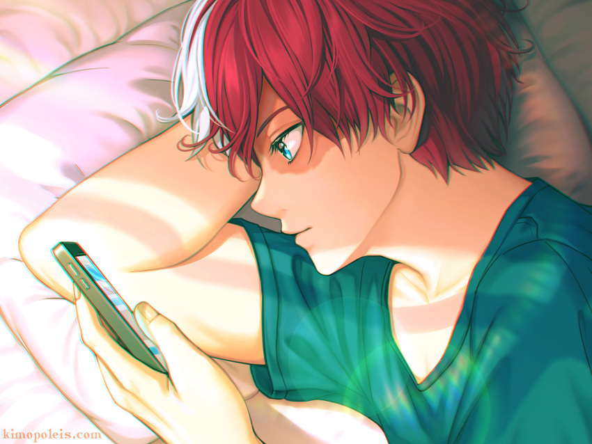 1boy bangs bed_sheet blue_eyes boku_no_hero_academia burn_scar cellphone chromatic_aberration commentary eyelashes from_above from_side green_eyes green_shirt holding kimopoleis lens_flare looking_at_phone lying male_focus multicolored_hair on_bed on_side phone pillow profile red_hair redrawn scar shirt short_hair short_sleeves smartphone smile solo sunlight t-shirt todoroki_shouto two-tone_hair upper_body watermark web_address white_hair