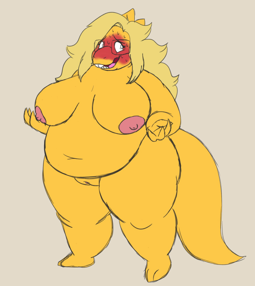 alphys anthro areola barefoot belly big_belly big_breasts blonde_hair blush bodily_fluids breasts buckteeth clitoris cobalt_bloatad deep_navel embarrassed eyewear female front_view genitals glasses hair hi_res huge_breasts lizard looking_aside looking_away navel nervous nervous_smile nipples non-mammal_breasts nude obese obese_anthro obese_female open_mouth open_smile overweight overweight_anthro overweight_female pussy reptile scales scalie simple_background smile solo standing sweat teeth thick_thighs three-quarter_view tongue undertale video_games wavy_mouth wide_hips yellow_body yellow_scales