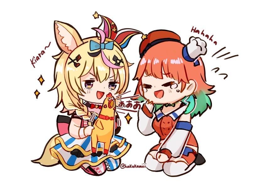 2girls :d absurdres animal_ears blonde_hair chibi crying detached_sleeves fox_ears green_hair hair_ornament hakamii hat highres hololive hololive_english jester_cap laughing long_hair long_sleeves mismatched_legwear multicolored_hair multiple_girls omaru_polka open_mouth orange_hair purple_eyes rubber_chicken seiza simple_background sitting smile symbol_commentary takanashi_kiara twitter_username two-tone_hair white_background x_hair_ornament