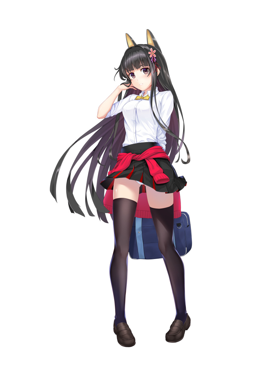 1girl absurdres akagi_(warship_girls_r) alternate_costume atm_(pixiv6921541) bangs black_footwear black_hair black_legwear black_skirt blunt_bangs brown_eyes clothes_around_waist full_body hair_ornament headgear highres hime_cut loafers long_hair long_sleeves miniskirt panties pleated_skirt remodel_(warship_girls_r) shirt shoes skirt sleeves_rolled_up solo standing sweater sweater_around_waist thighhighs underwear very_long_hair warship_girls_r white_panties white_shirt