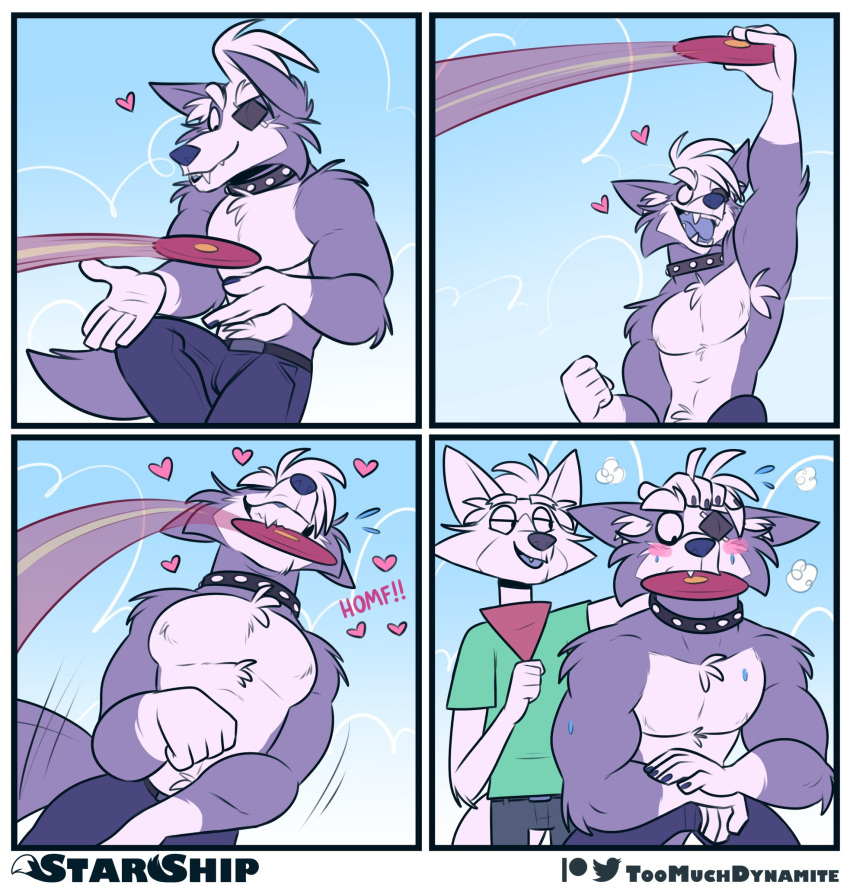 &lt;3 2020 5_fingers anthro armpit_hair biceps biped blush bodily_fluids body_hair bottomwear canid canine canis catching cheek_tuft chest_tuft clothed clothing collar comic cute_fangs digital_media_(artwork) duo english_text eye_patch eyewear facial_tuft fangs fingers fox fox_mccloud frisbee fully_clothed fur green_clothing green_topwear grey_body grey_fur grey_tail grin hair hand_on_head hi_res inner_ear_fluff looking_at_another looking_down looking_up male male/male mammal monotone_body monotone_fur multicolored_body multicolored_fur muscular muscular_anthro muscular_male navel neckerchief nintendo pants partially_clothed pecs petting shoulder_tuft slim smile standing star_fox studded_collar sweat teeth text tongue toomuchdynamite topless topwear tuft two_tone_body two_tone_fur video_games white_body white_fur white_hair white_tail wolf wolf_o'donnell