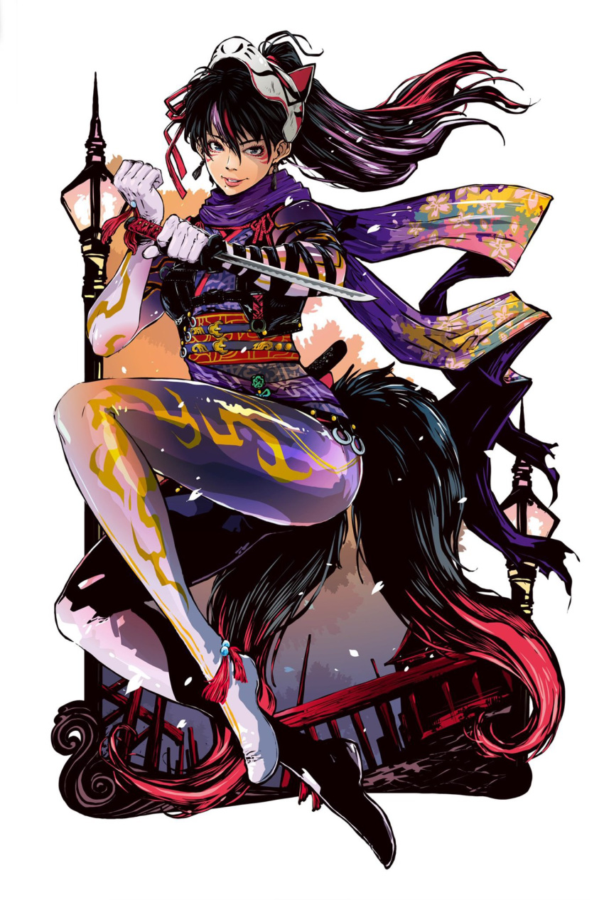 1girl black_hair bodysuit clenched_hand commentary_request earrings fake_tail floral_print fox_mask fox_tail full_body highres holding holding_sword holding_weapon jbstyle jewelry kunimitsu_ii long_hair mask mask_on_head mole mole_under_mouth multiple_tails ninja ninjatou obi ponytail print_scarf purple_eyes purple_hair purple_scarf reverse_grip sash scarf short_sword solo sword tail tekken tekken_7 weapon whisker_markings