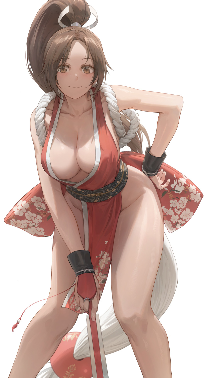 1girl absurdres bangs bare_shoulders breasts brown_eyes brown_hair closed_mouth collarbone eyebrows_visible_through_hair fan fatal_fury floral_print hand_on_hip high_ponytail highres holding holding_fan japanese_clothes kimono large_breasts leaning_forward light_smile long_hair looking_at_viewer no_bra no_panties obi parted_bangs pelvic_curtain red_kimono sash shiranui_mai simple_background sleeveless sleeveless_kimono solo standing the_king_of_fighters thighs white_background yohan1754