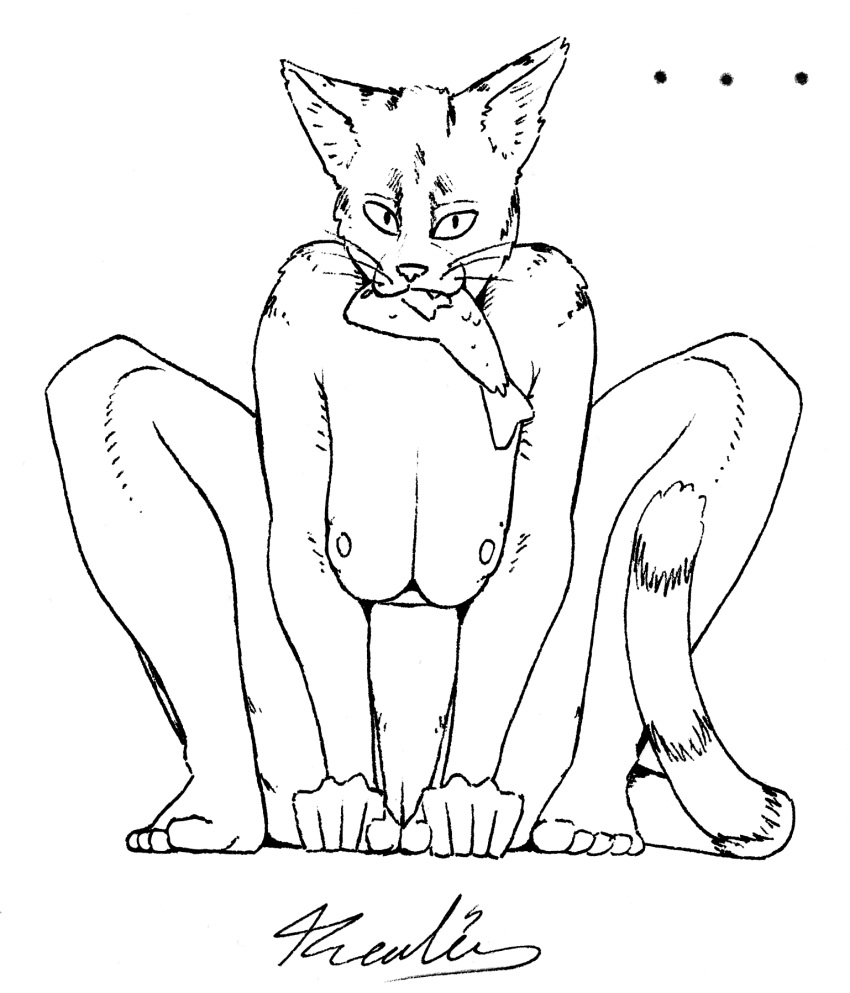 anthro black_and_white breasts domestic_cat ellipses felid feline felis female fish genitals hi_res looking_at_viewer mammal marine monochrome nipples nude pussy realius simple_background sitting solo