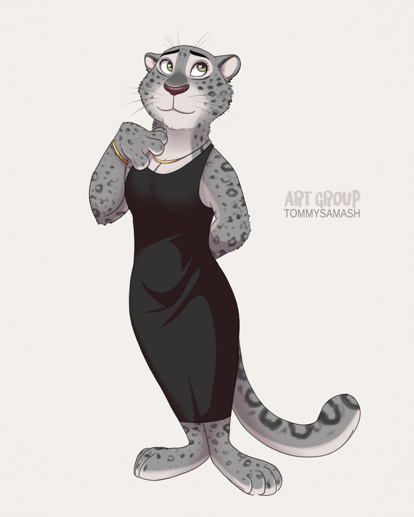 2020 anthro barefoot bracelet clothing disney dress fabienne_growley felid female full-length_portrait fur grey_body grey_fur hi_res jewelry leopard_spots mammal pantherine portrait simple_background smile snow_leopard solo spots spotted_body spotted_fur standing tommysamash whiskers zootopia