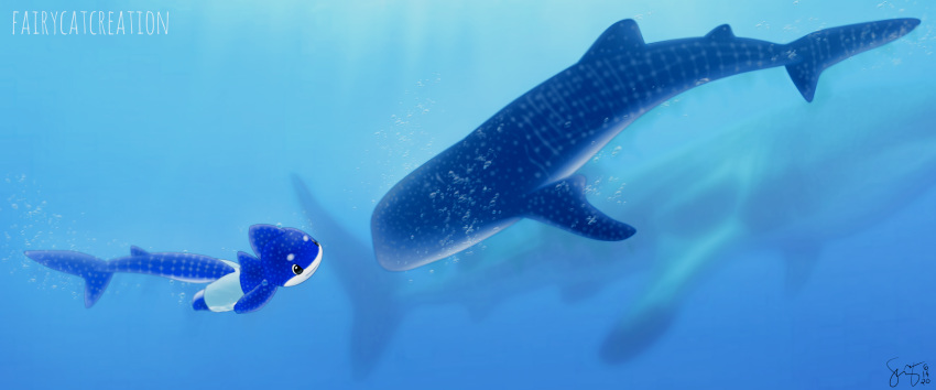 absurd_res air_bubbles bottomwear carding carpet_shark cetacean clothing confrontation ding_(fcc) dive duo face_to_face fairycatcreation fairytail_character fish hi_res male mammal marine sea shark shorts swimming water whale_shark