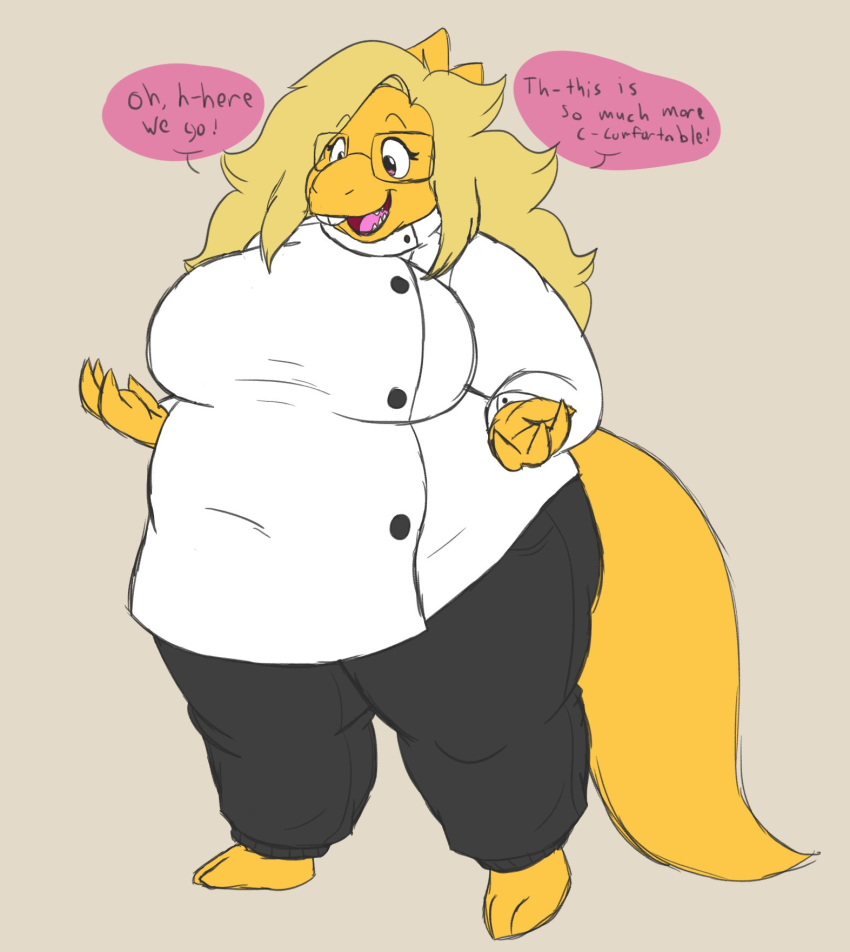 alphys anthro barefoot belly big_belly big_breasts blonde_hair bottomwear breasts buckteeth clothed clothing coat cobalt_bloatad dialogue english_text eyewear female front_view fully_clothed glasses hair hi_res huge_breasts lab_coat lizard looking_at_self looking_down navel_outline non-mammal_breasts obese obese_anthro obese_female open_mouth open_smile overweight overweight_anthro overweight_female pants reptile scales scalie sharp_teeth simple_background smile solo speech_bubble standing stuttering teeth text thick_thighs three-quarter_view tongue topwear undertale video_games wide_hips yellow_body yellow_scales