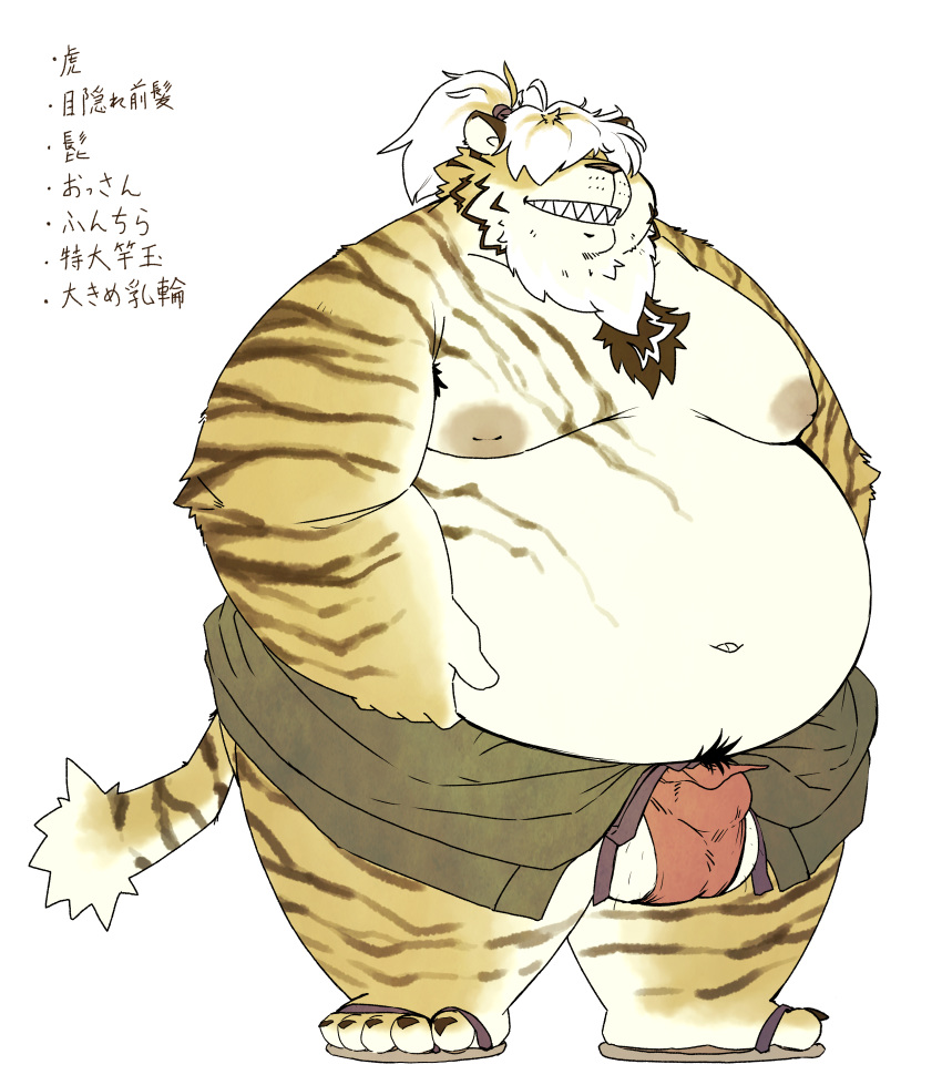 2020 absurd_res anthro asian_clothing balls belly bulge chiro_(artist) clothing east_asian_clothing felid footwear fundoshi genitals hi_res japanese_clothing japanese_text kemono male mammal moobs nipples obese overweight overweight_male pantherine sandals simple_background solo text tiger underwear white_background