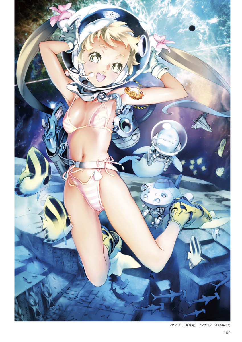 1girl 2006 bikini blonde_hair clownfish dated detached_hair diving_helmet diving_regulator dolphin fish flippers gloves gun hammerhead_shark handgun helmet highres holster holstered_weapon long_hair navel nishieda open_mouth original page_number panties pink_panties revolver scuba_gear seahorse shark side-tie_bikini solo star_(symbol) star_print striped striped_bikini swimsuit twintails underwear weapon white_gloves yellow_eyes