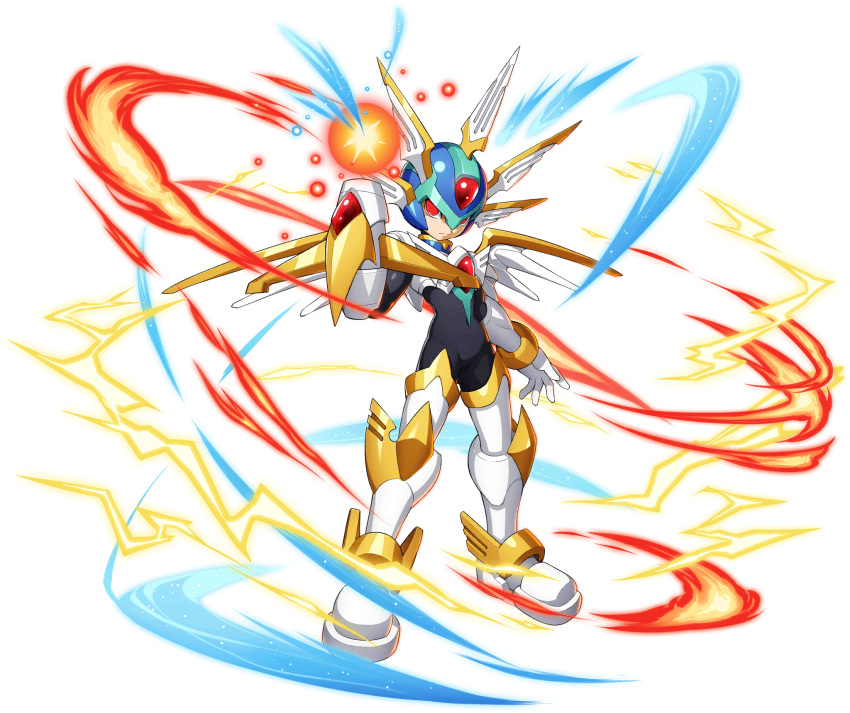 1boy android arm_cannon armor bodysuit copy_x evil gloves helmet highres looking_at_viewer male_focus mizuno_keisuke official_art red_eyes robot rockman rockman_x_dive rockman_zero solo weapon white_gloves wings