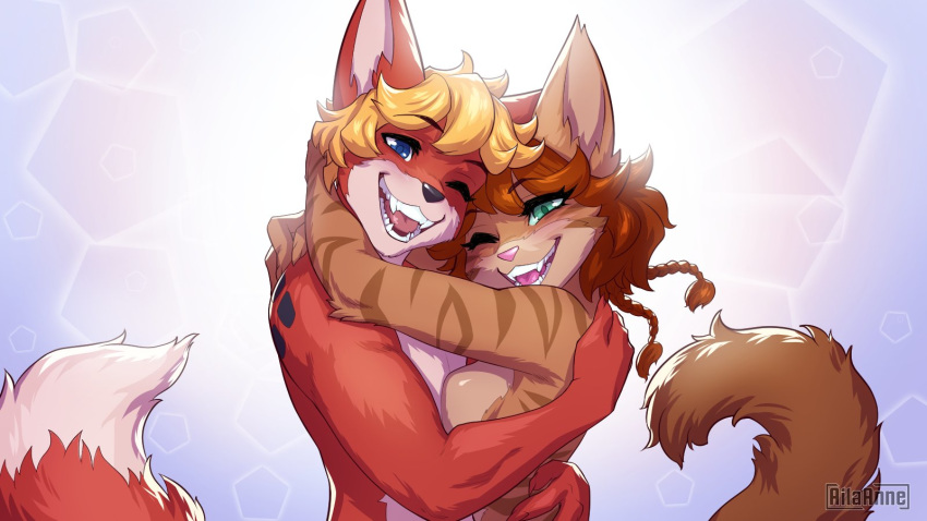 16:9 2020 ailaanne blonde_hair canid canine digital_media_(artwork) domestic_cat eyebrows eyelashes felid feline felis female fox fur green_eyes hair hi_res hug male male/female mammal open_mouth red_body red_fur romantic romantic_couple smile teeth tongue widescreen