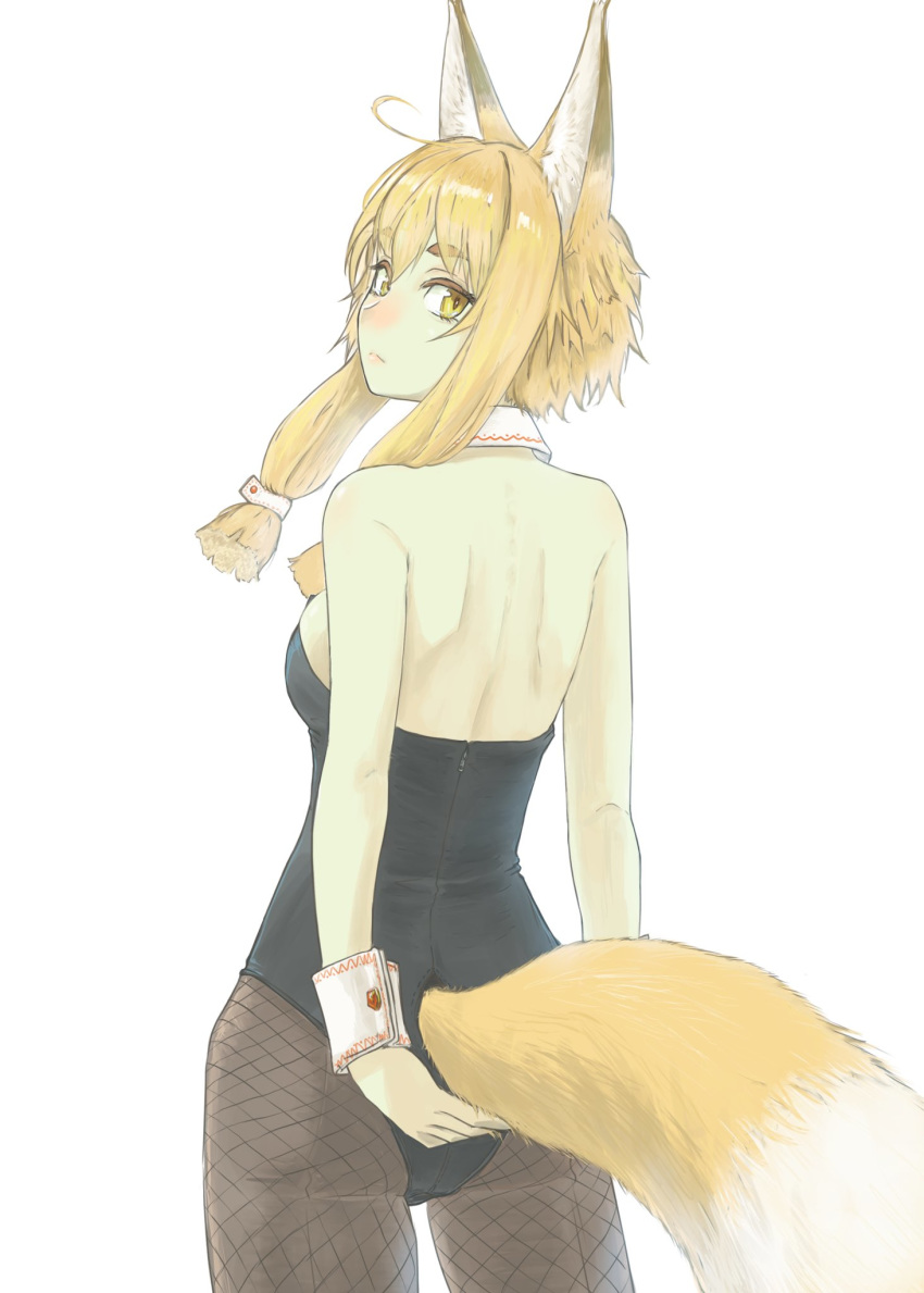 1girl ahoge animal_ears bangs black_legwear black_leotard blonde_hair breasts closed_mouth detached_collar fishnets fox_ears fox_tail from_behind hair_ribbon head_tilt highres leotard nito_(nshtntr) original pantyhose playboy_bunny ribbon short_hair_with_long_locks sidelocks small_breasts solo tail tress_ribbon wrist_cuffs yellow_eyes