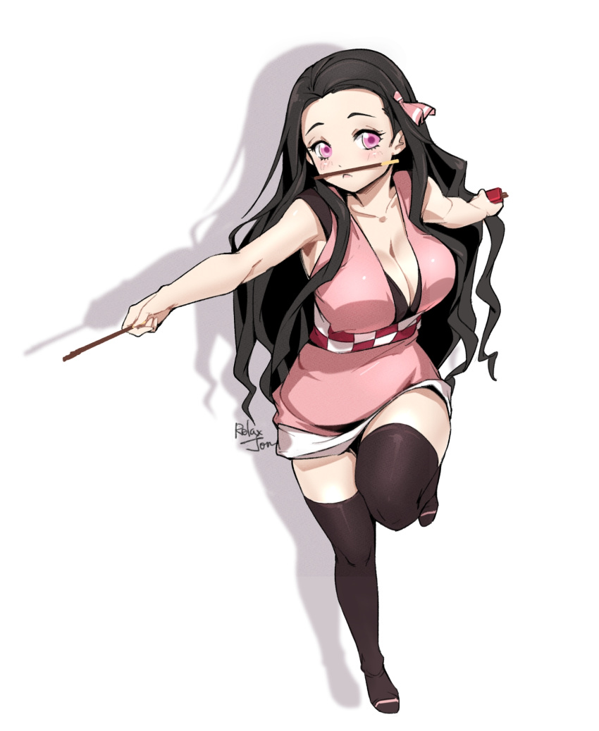 1girl alternate_breast_size balancing bare_arms bare_shoulders black_legwear blush breasts cleavage collarbone dress food full_body highres kamado_nezuko kimetsu_no_yaiba large_breasts long_hair outstretched_arms pink_dress pocky purple_eyes relaxjon signature simple_background sleeveless sleeveless_dress solo spread_arms thighhighs white_background