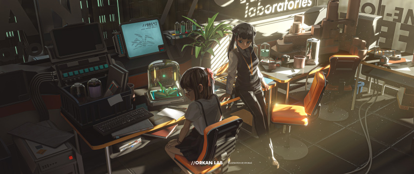 2girls absurdres black_hair blue_eyes brown_hair chair dust_particles english_text faiz_azhar glasses highres id_card indoors keyboard_(computer) multiple_girls office_chair original plant science_fiction sitting