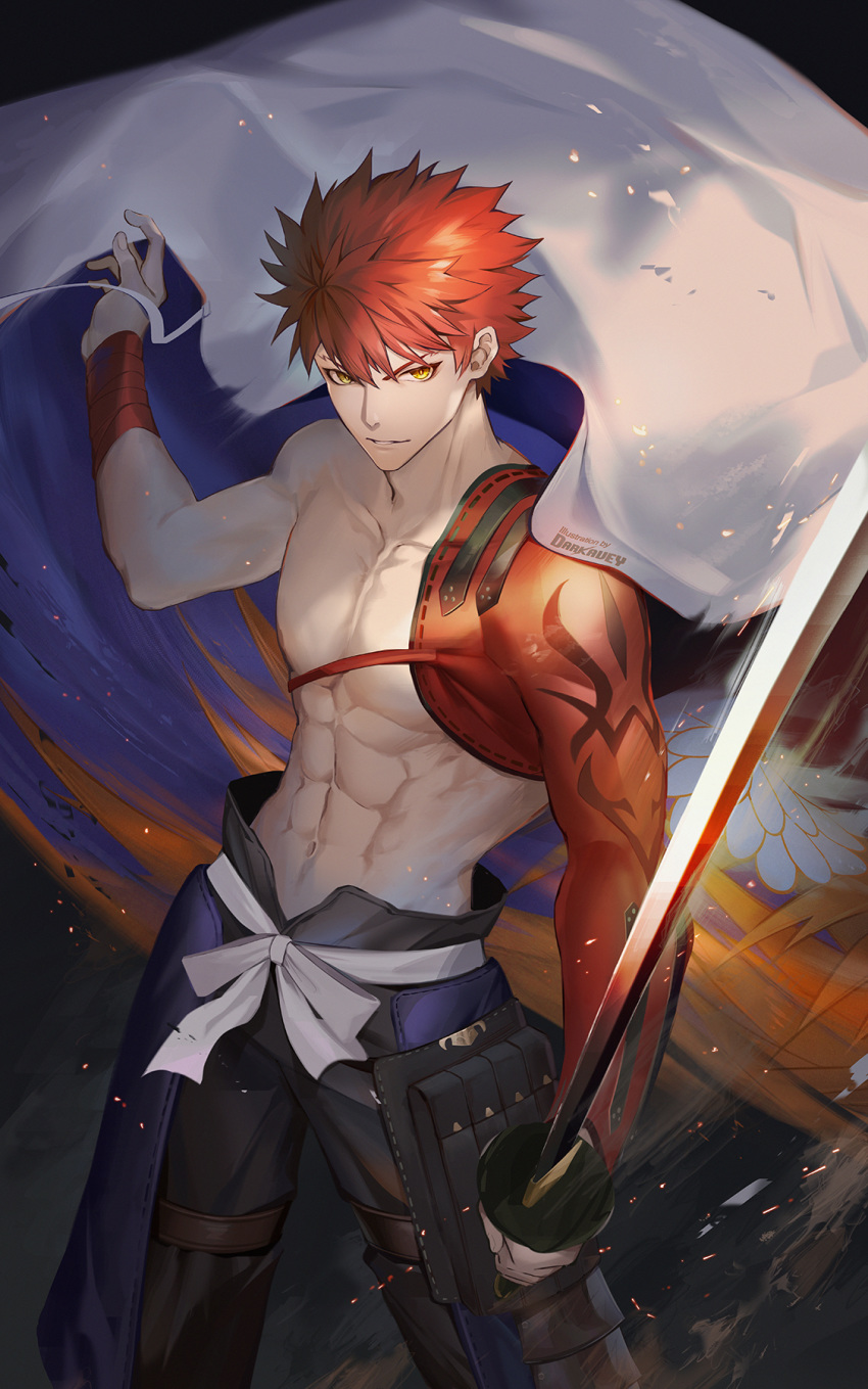 1boy abs artist_name black_background black_pants cape chest closed_mouth cowboy_shot darkavey embers fate/grand_order fate_(series) hand_up highres holding holding_sword holding_weapon igote japanese_clothes katana looking_at_viewer male_focus pants pectorals red_hair sengo_muramasa_(fate) shirtless short_hair solo standing sword toned toned_male weapon white_cape wrist_wrap yellow_eyes